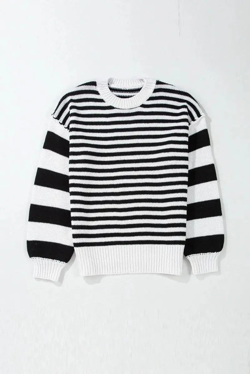 Striped Round Neck Long Sleeve Sweater - Love Salve